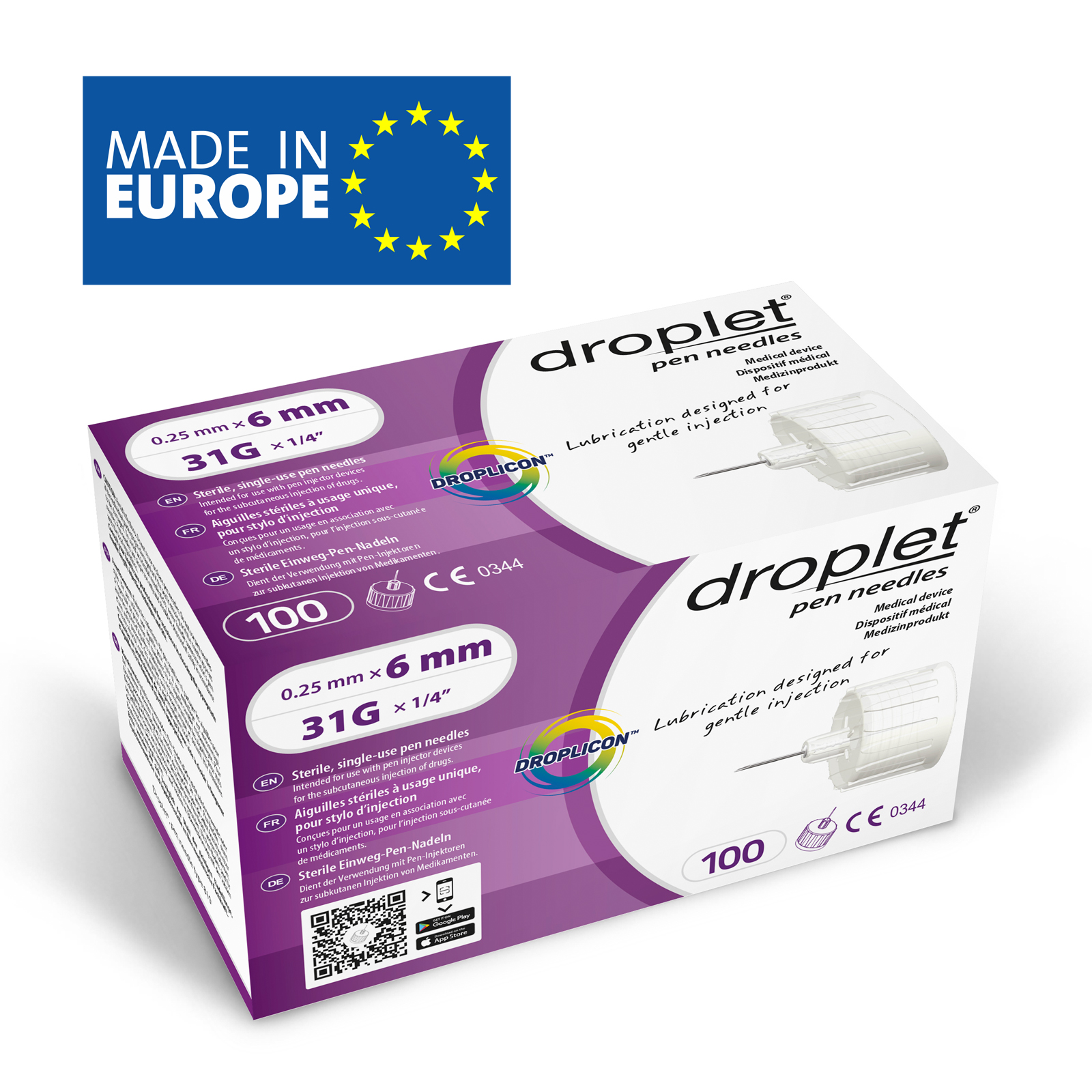 Голки для шприц-ручок Droplet, одноразового використання, стерильні, 6 мм*0,25 мм, 31G, універсальні, 100 шт., STREFA, (Польща).